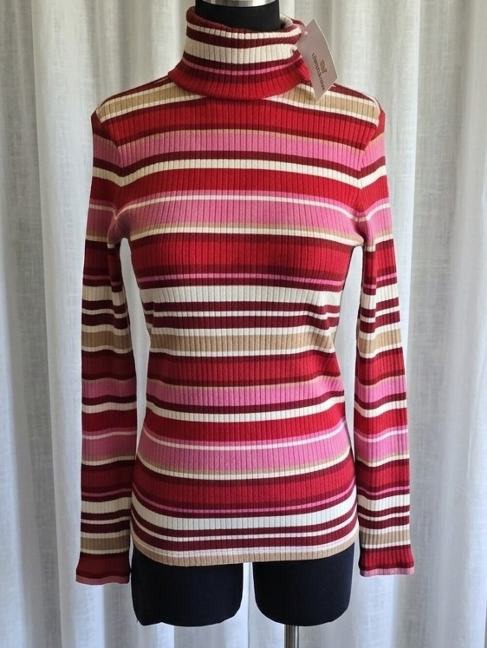 Vineyard Vines Striped Ribbed Turtleneck in Red, Pink & Cream